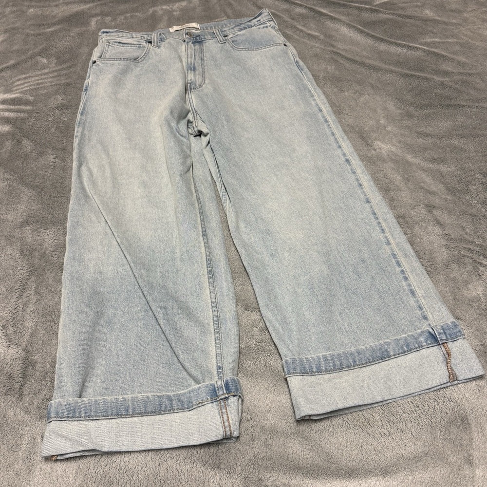 Hollister Super Baggy Jean Mens 33x32 Light Wash Blue Hemmed Wide Leg